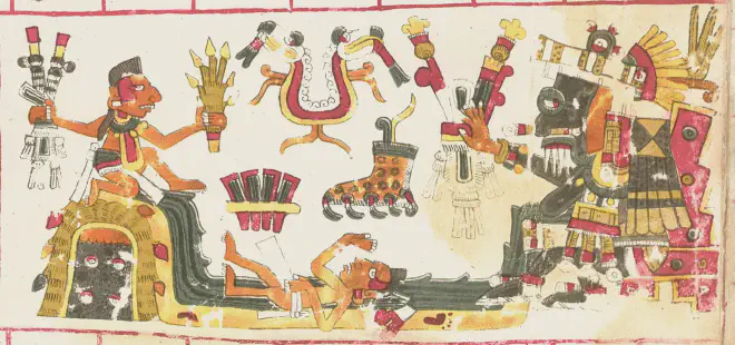 <strong>El dios Tláloc, representando el diluvio según la Cosmogonía Náhuatl previo al Quinto Sol</strong>, en <em>el Códice Borgia</em>