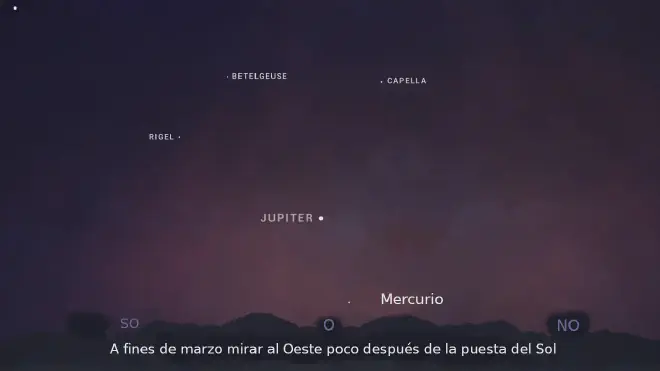 <strong>Mapa del cielo que muestra a Júpiter y Mercurio en las tardes del 21 al 25 de marzo, aproximadamente 30 a 40 minutos después del atardecer. NASA/JPL-Caltech</strong>