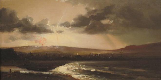 <strong>Relámpago volcánico visto desde Hilo Beach por Charles Furneaux, óleo sobre lienzo</strong>